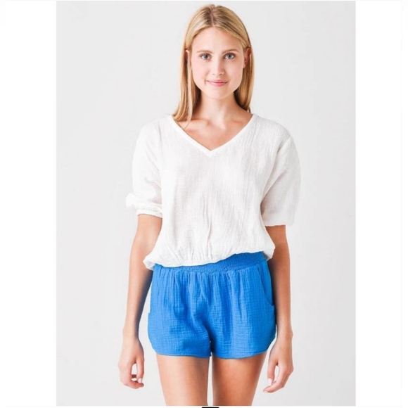 Monrow Voluminous Gause V-Neck Top Size S Blue New - Picture 7 of 7